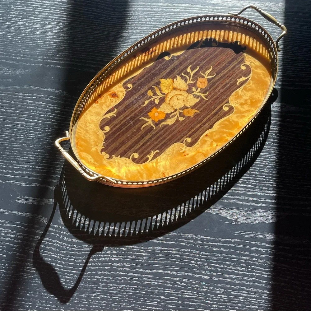 Monumental Italian Marquetry Inlay Serving Tray Oval from Jerusalem